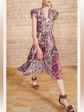 ULLA JOHNSON Asis Purple Paisley Floral Quilt Print Ruffle Dress